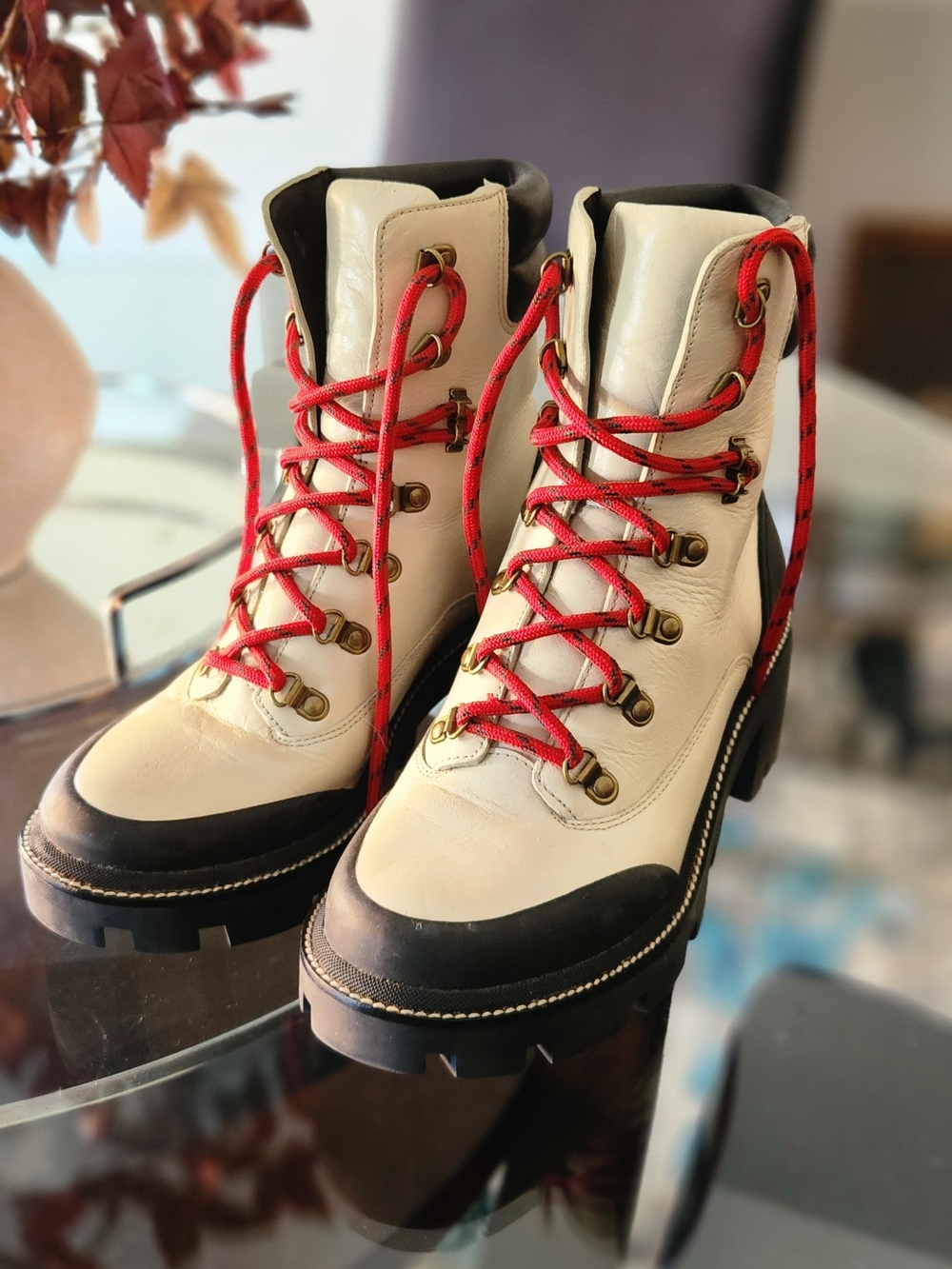 Tory Burch Cream Hiking Lace-Up Boots with Red Laces